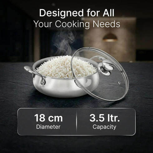 Regency 3.5 L Triply Stainless Steel Handi with Glass Lid, Tri-Ply Induction & Gas Compatible, Even Heat Distribution, Non-Toxic Steel Cookware, Biryani Pot for Rice, Curry & Daily Cooking