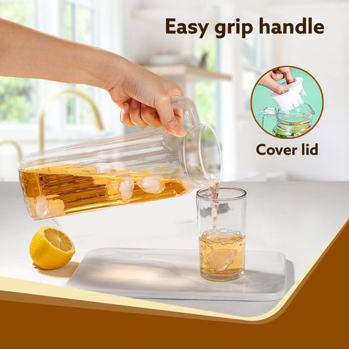 Elegant Glass Jug with Lid, 1.1L, Multipurpose Jug, Easy Pour Spout & Strong Handle, Transparent Beverage Carafe for Home, Office, Pitcher for Serve Water, Milk, Juice, Beverage, Lassi, Cocktail