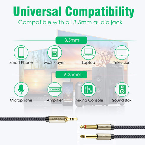 3.5 mm 1/8 TRS to Dual 6.35 mm 1/4 TS Mono Breakout Cable Y Spitter Stereo Cord Adapter Compatible, 2 meters, grey