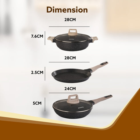 Imperial Granite Non Stick Cookware Set , 3pcs Cookware Set, 24cm Frying Pan with Glass Lid, 28cm Dosa Tawa, 28cm Kadhai with Glass Lid, Cast Aluminium Body, Gas & Induction Compatible, Dark Grey