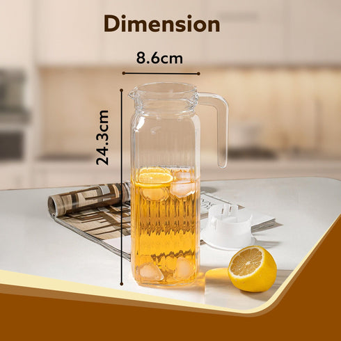 Elegant Glass Jug with Lid, 1.1L, Multipurpose Jug, Easy Pour Spout & Strong Handle, Transparent Beverage Carafe for Home, Office, Pitcher for Serve Water, Milk, Juice, Beverage, Lassi, Cocktail