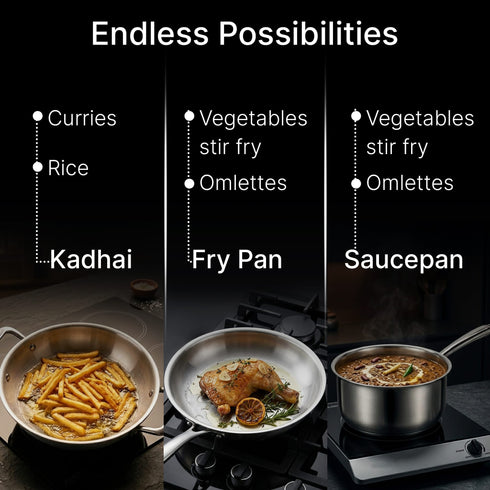 Regency Triply Cookware Set of 3, 24 cm Kadai (2.7L), 24 cm Fry Pan (2.2L) & 16 cm Saucepan (1.5L)