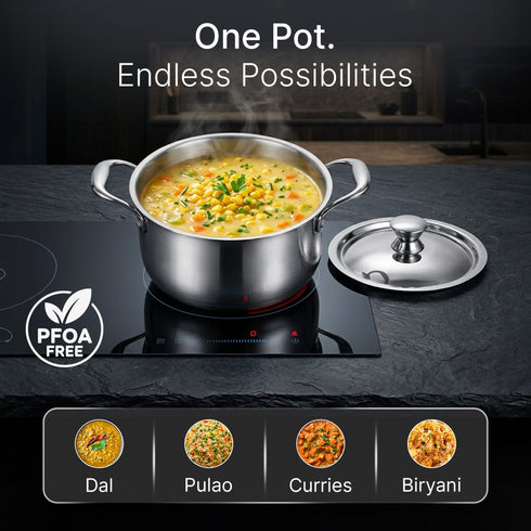 Regency 28 cm Triply Stainless Steel Casserole with Lid, 6.3L, Tri-Ply Induction & Gas Compatible, Even Heat Distribution, Non-Toxic Steel Cookware, Biryani Pot, Handi for Pulao, Curry & Cooking