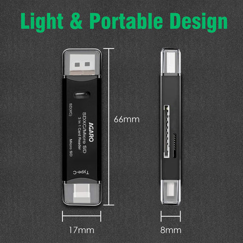 SD Card Reader, Micro SD/TF Compact Flash Card Reader, Portable Memory Card Reader with 3-in-1 USB Type C/Micro USB Male Adapter, Suitable for & PC, Laptop, Smart Phone and Tablet