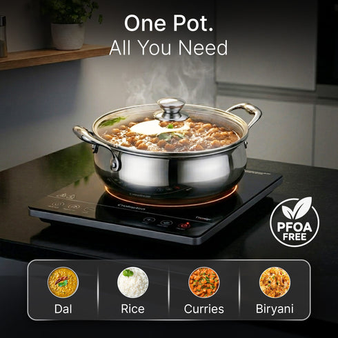 Regency 3.5 L Triply Stainless Steel Handi with Glass Lid, Tri-Ply Induction & Gas Compatible, Even Heat Distribution, Non-Toxic Steel Cookware, Biryani Pot for Rice, Curry & Daily Cooking