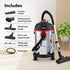 Ace Wet & Dry Vacuum Cleaner, 1600 Watts, 21.5 Kpa Suction Power, 30 Litres Tank Capacity, Home Use, Blower Function, Washable 3L Dust Bag, Stainless Steel Body (Black/Red/Steel)