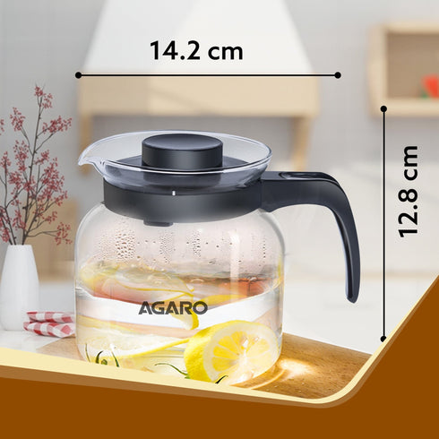 Elite Glass Carafe With Strainer Lid, 1200ml, Glass Kettle, Borosilicate Glass, Microwave Safe, Low Flame Proof, Transparent
