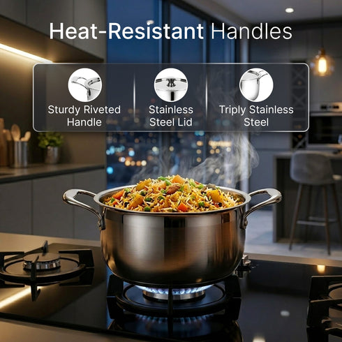 Regency 28 cm Triply Stainless Steel Casserole with Lid, 6.3L, Tri-Ply Induction & Gas Compatible, Even Heat Distribution, Non-Toxic Steel Cookware, Biryani Pot, Handi for Pulao, Curry & Cooking