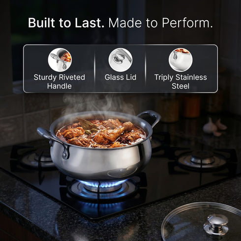 Regency 3.5 L Triply Stainless Steel Handi with Glass Lid, Tri-Ply Induction & Gas Compatible, Even Heat Distribution, Non-Toxic Steel Cookware, Biryani Pot for Rice, Curry & Daily Cooking