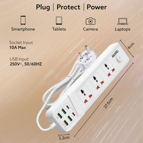Regal Extension Board 3 Universal Sockets, 4 USB + 2 Type-C Fast Charging, 2500W