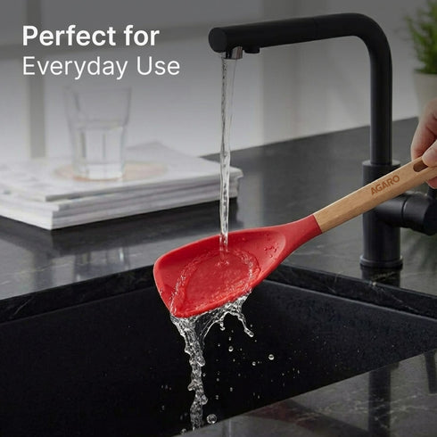 Royal Silicone Spatula Set of 2 with Wooden Handle, Heat Resistant Food Grade Silicone Kitchen Spatulas for Cooking, Baking & Mixing, Flexible Non-Stick Cookware BPA Free Utensils, Black & Red