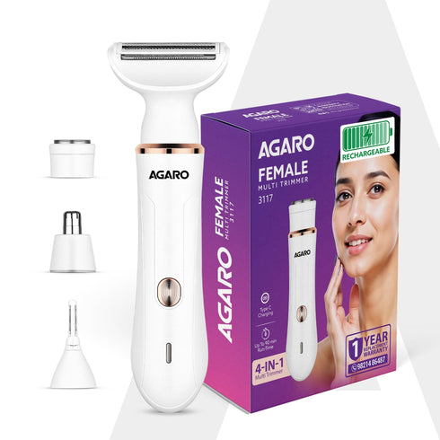 Female Multi Trimmer 3117 – Facial Hair Removal Machine, Bikini Trimmer, Eyebrow & Nose Hair Trimmer Painless body hair trimming. Type-C charging, up to 90 minutes runtime,White.