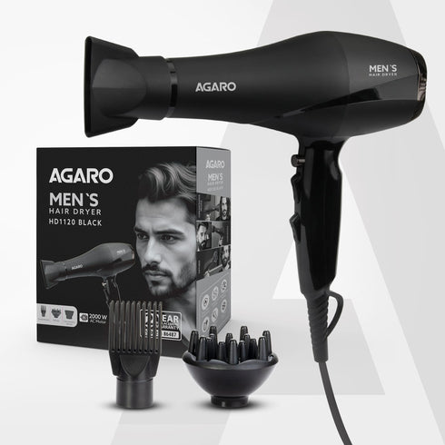 2000W AC Professional Hair Dryer with Comb, Concentrator & Diffuser Nozzles, Hot & Cold Air, 2 Speed & 3 Temperature Settings with Cool Shot, 16A Socket, Hair Dryer & Blower for Men, Black