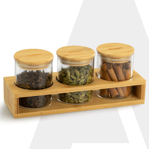 Elite Borosilicate Glass Jar 210 ml With Wooden Rack, Storage Glass Container, Transparent, Kitchen Organiser, Multipurpose Jar, Pack of 3