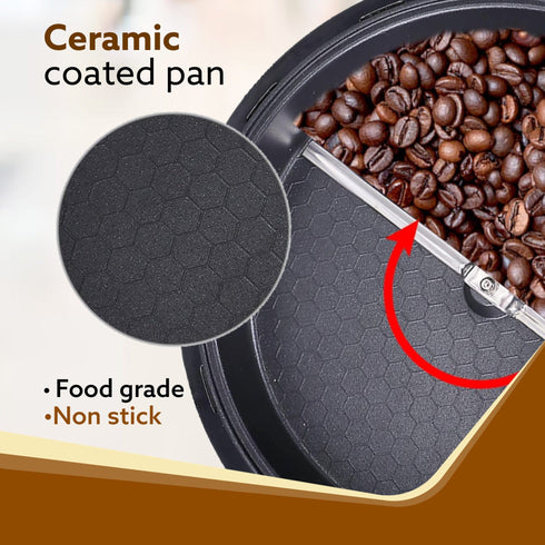 Regal Coffee Roaster, 750 Grams Capacity, 283mm Dia, Ceramic Coated Inner Pan, 3 Roasting Effect With Adjustable Temperature & Timer, 1200W, Stainless Steel Blade, Toughened Glass Lid, White