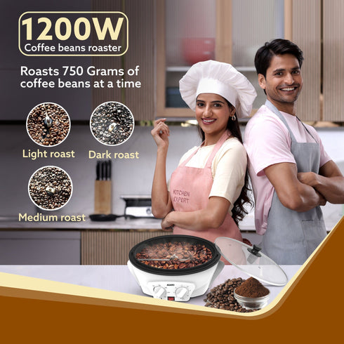 Regal Coffee Roaster, 750 Grams Capacity, 283mm Dia, Ceramic Coated Inner Pan, 3 Roasting Effect With Adjustable Temperature & Timer, 1200W, Stainless Steel Blade, Toughened Glass Lid, White