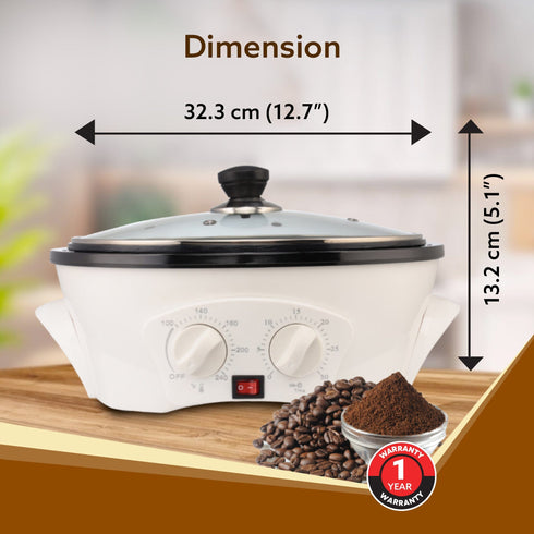 Regal Coffee Roaster, 750 Grams Capacity, 283mm Dia, Ceramic Coated Inner Pan, 3 Roasting Effect With Adjustable Temperature & Timer, 1200W, Stainless Steel Blade, Toughened Glass Lid, White