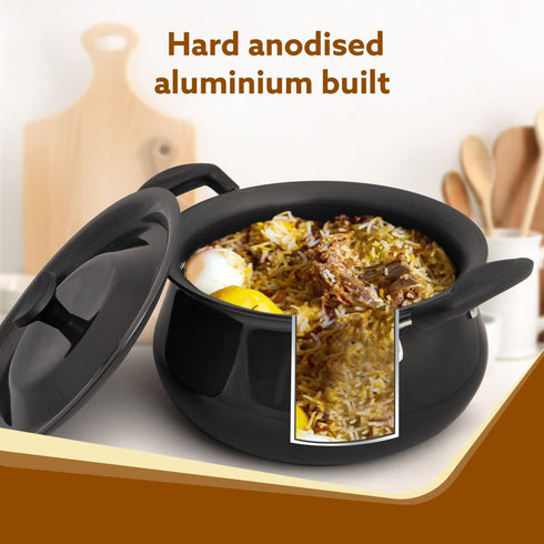Elite Hard Anodised Handi, 3.5 Litres, Riveted handle, 3 mm Thick Plate, Gas Oven Compatible