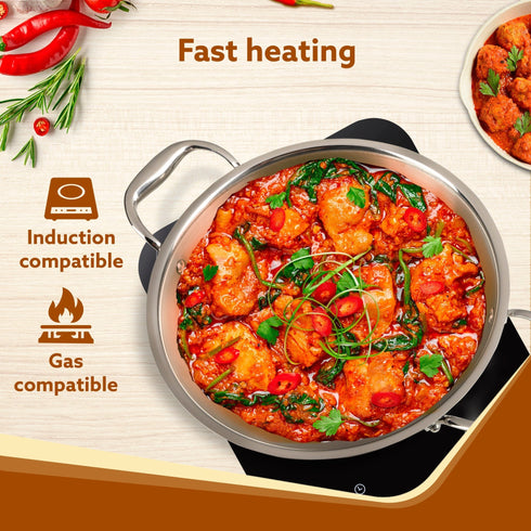 Regency Tri-Ply Steel Kadai, 2.75L Capacity, 26 cm Diameter, Stainless Steel, Riveted Handle, Food Safe, Gas Oven and Induction Oven Compatible, Cooking, Frying, Serving, Silver