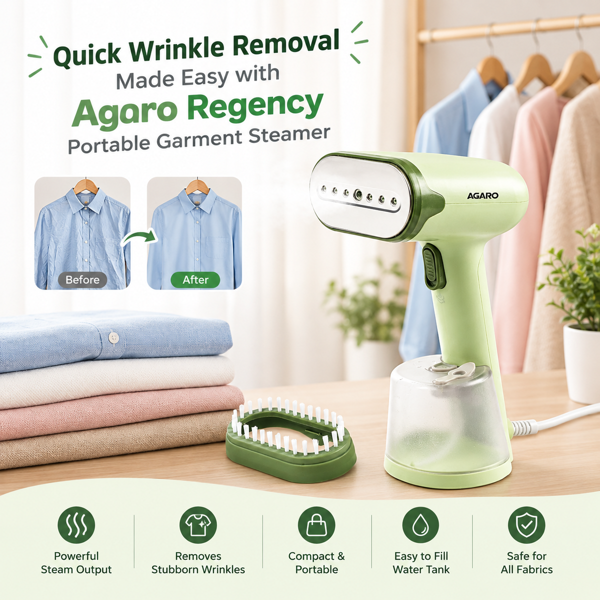 Quick Wrinkle Removal with the AGARO Regency Portable Garment Steamer