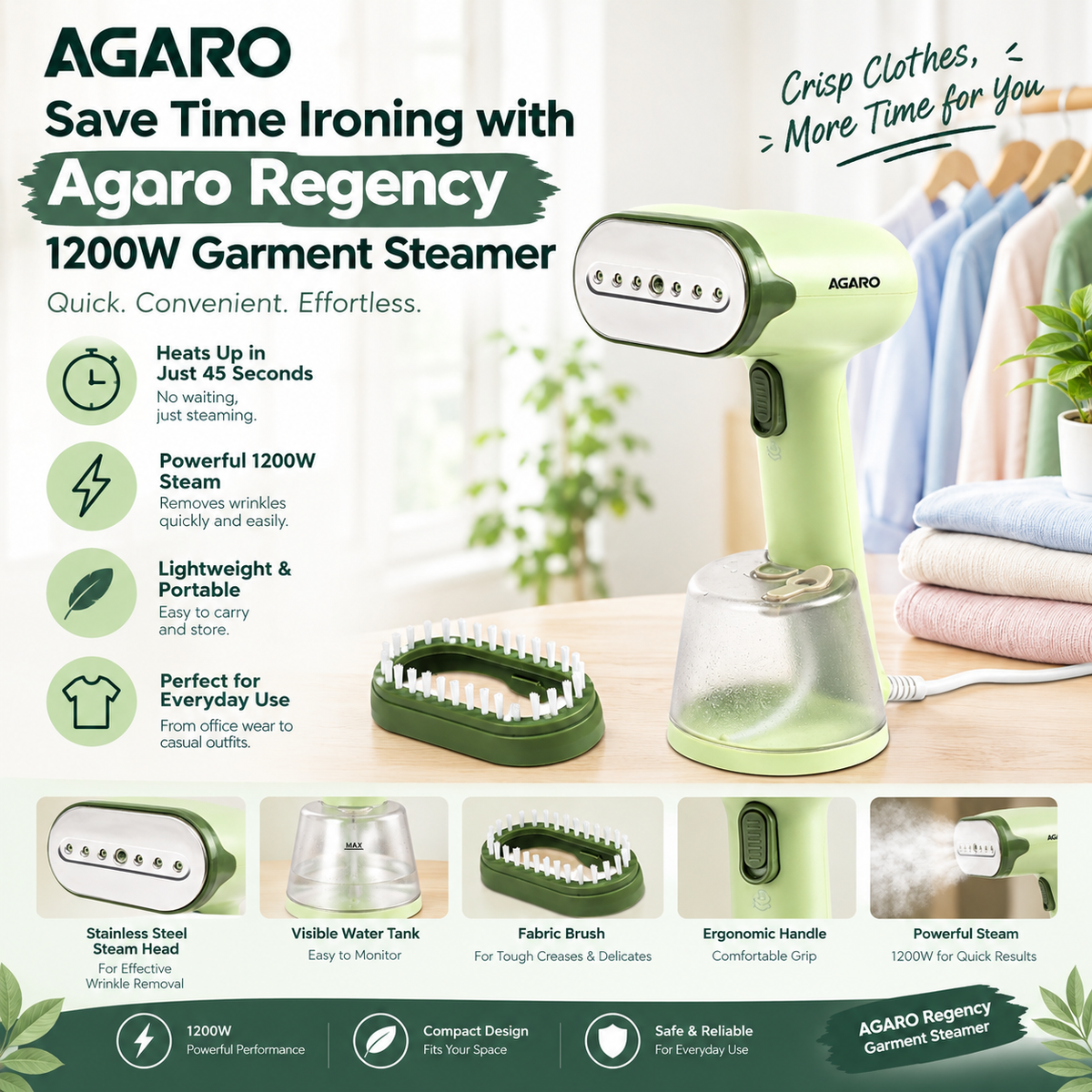 Save Time with the AGARO Regency 1200W Garment Steamer