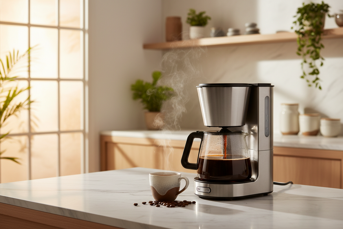 Stainless steel drip coffee maker brewing on a bright countertop with a mug and coffee beans nearby