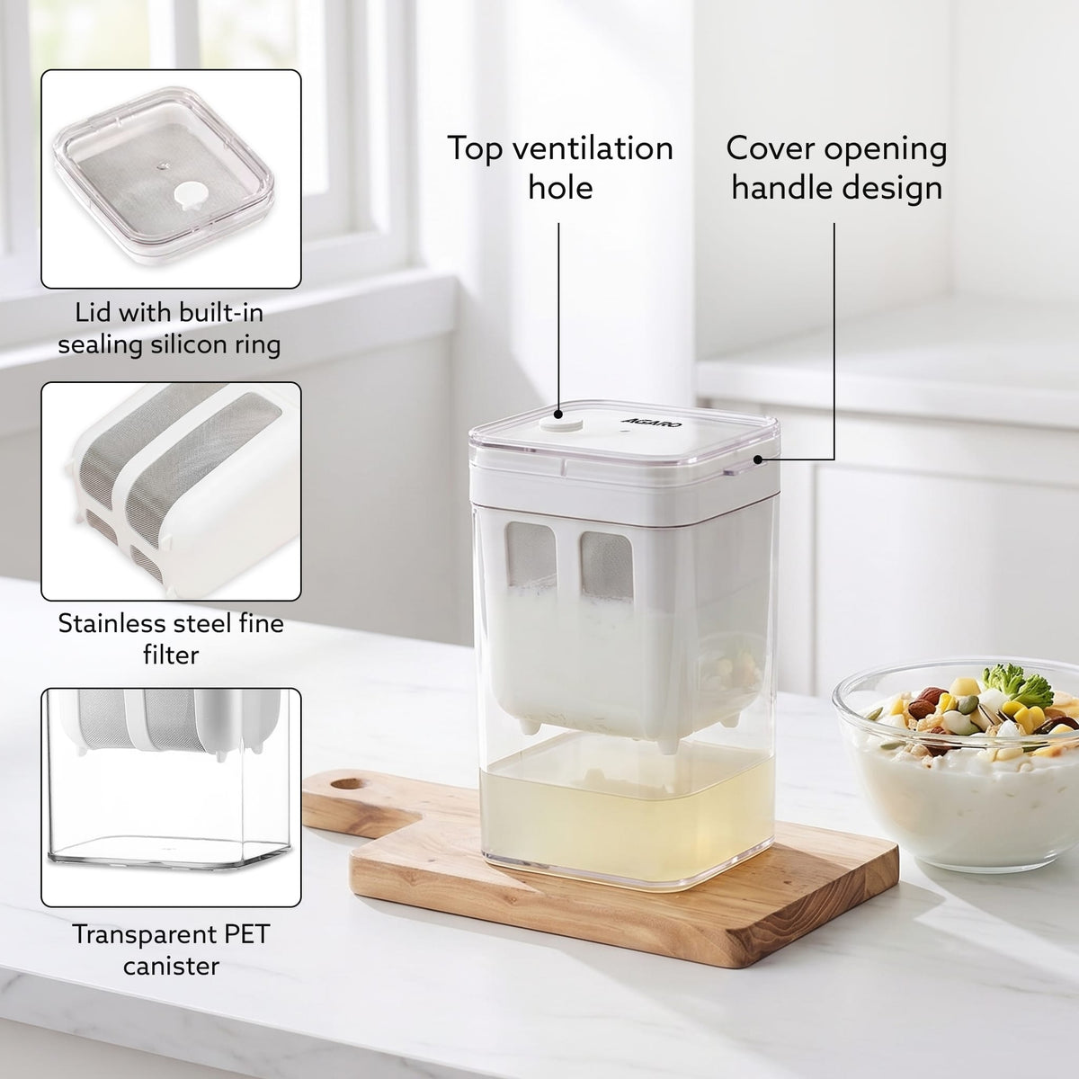 Greek Yogurt Maker & Curd Strainer | 1100ml BPA-Free Yogurt Strainer with Fine Mesh Filter | Whey Separator for Homemade Greek Yogurt, Curd, Cheese & Dairy