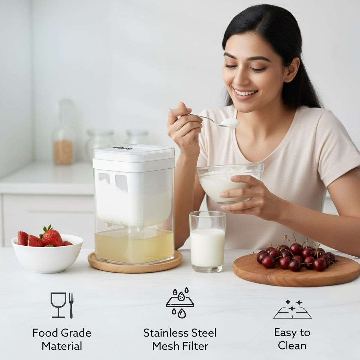 Greek Yogurt Maker & Curd Strainer | 1100ml BPA-Free Yogurt Strainer with Fine Mesh Filter | Whey Separator for Homemade Greek Yogurt, Curd, Cheese & Dairy