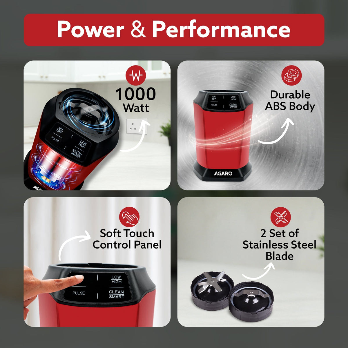 Supreme Personal Blender, Powerful 1000W Copper Motor, Mixer Grinder Blender, 20000 RPM, 2 SS Blade Set, 2 Scratch Resistant Durable Jars, for Smoothies, Dry Spices, Milkshake & Idli/Dosa Batter
