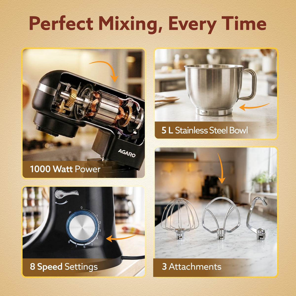 Royal Stand Mixer, Dough Maker Machine, 1000W Atta Maker, 100% Copper Motor, 5L SS Bowl, 8 Speed + Pulse Function, Includes Whisker, Beater & Dough Hook & Splash Guard,Black