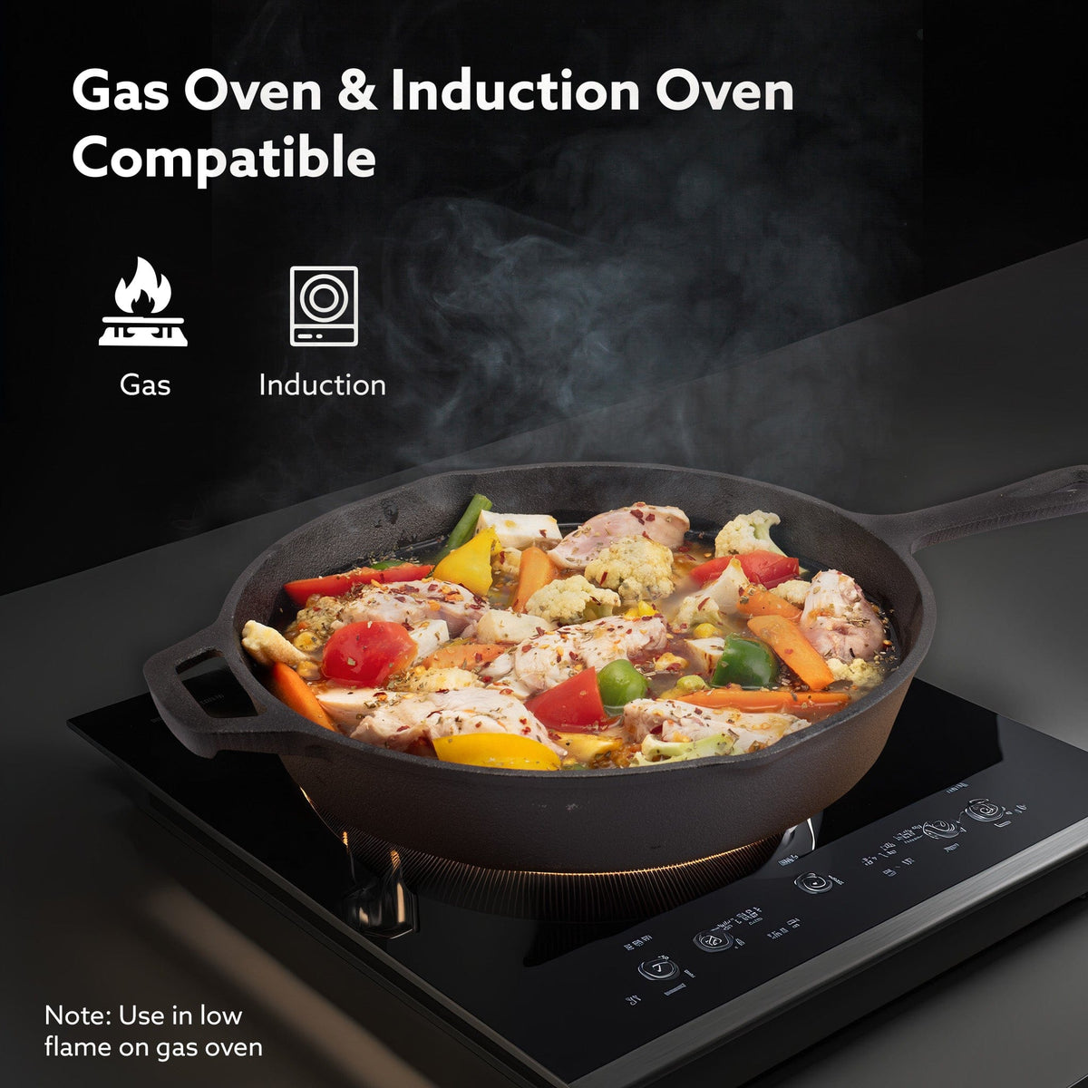 Royal Pre Seasoned Cast Iron Deep Round Fry Pan, 26cm Diameter, 1.8L, No Chemical Coating, Rigid Handles, Fast Heating, Heavy Weight, Gas Oven & Induction Compatible, Frying, Deep Frying, Black