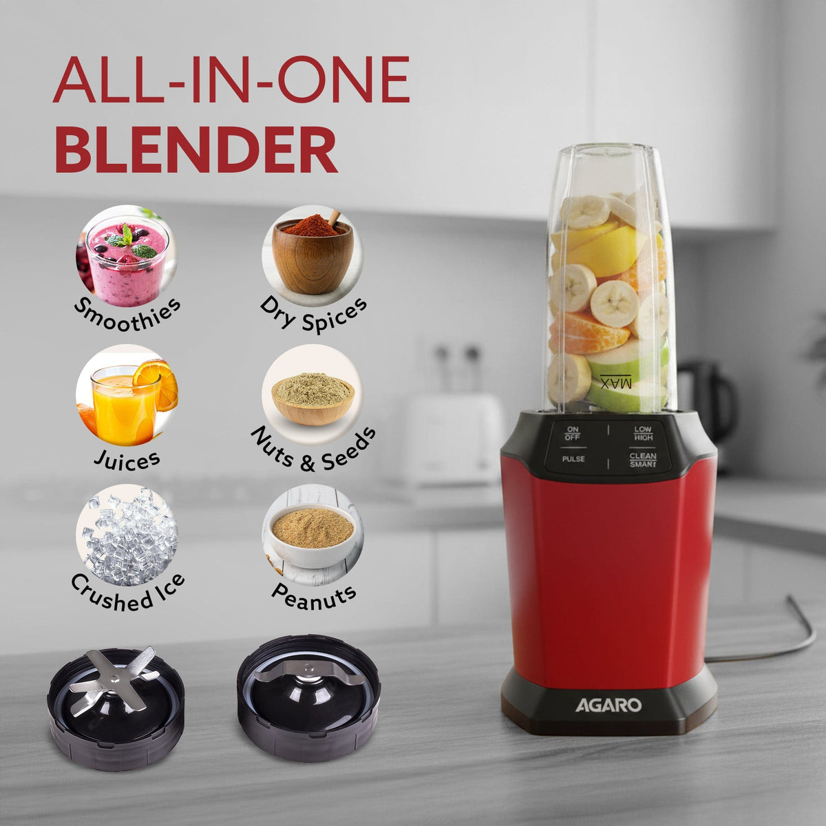 Supreme Personal Blender, Powerful 1000W Copper Motor, Mixer Grinder Blender, 20000 RPM, 2 SS Blade Set, 2 Scratch Resistant Durable Jars, for Smoothies, Dry Spices, Milkshake & Idli/Dosa Batter