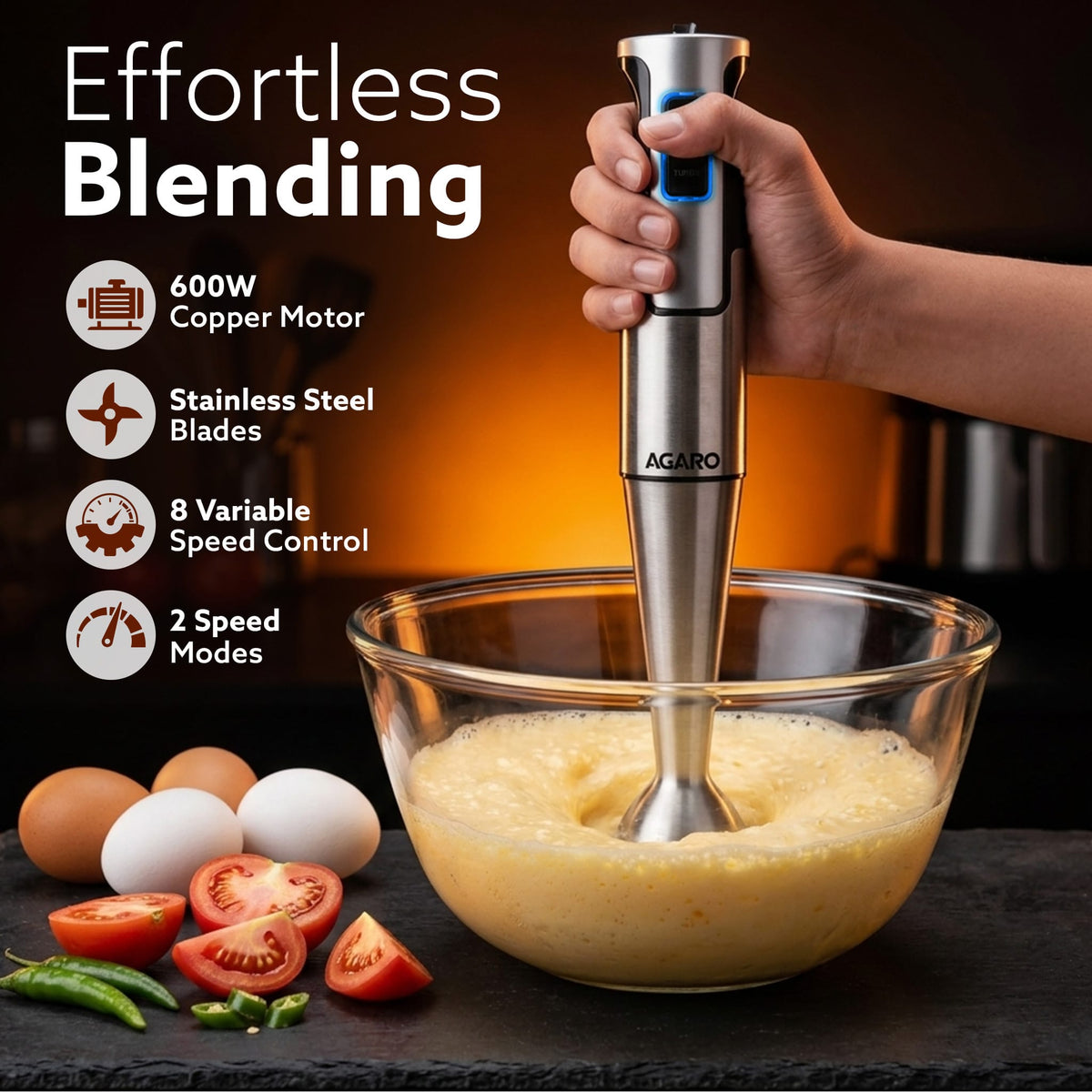 Regency Hand Blender, 600W, Variable Speed Modes & Speed Regulator, Stainless Steel Blades, Mixing, Blending, Whisking, Low Noise