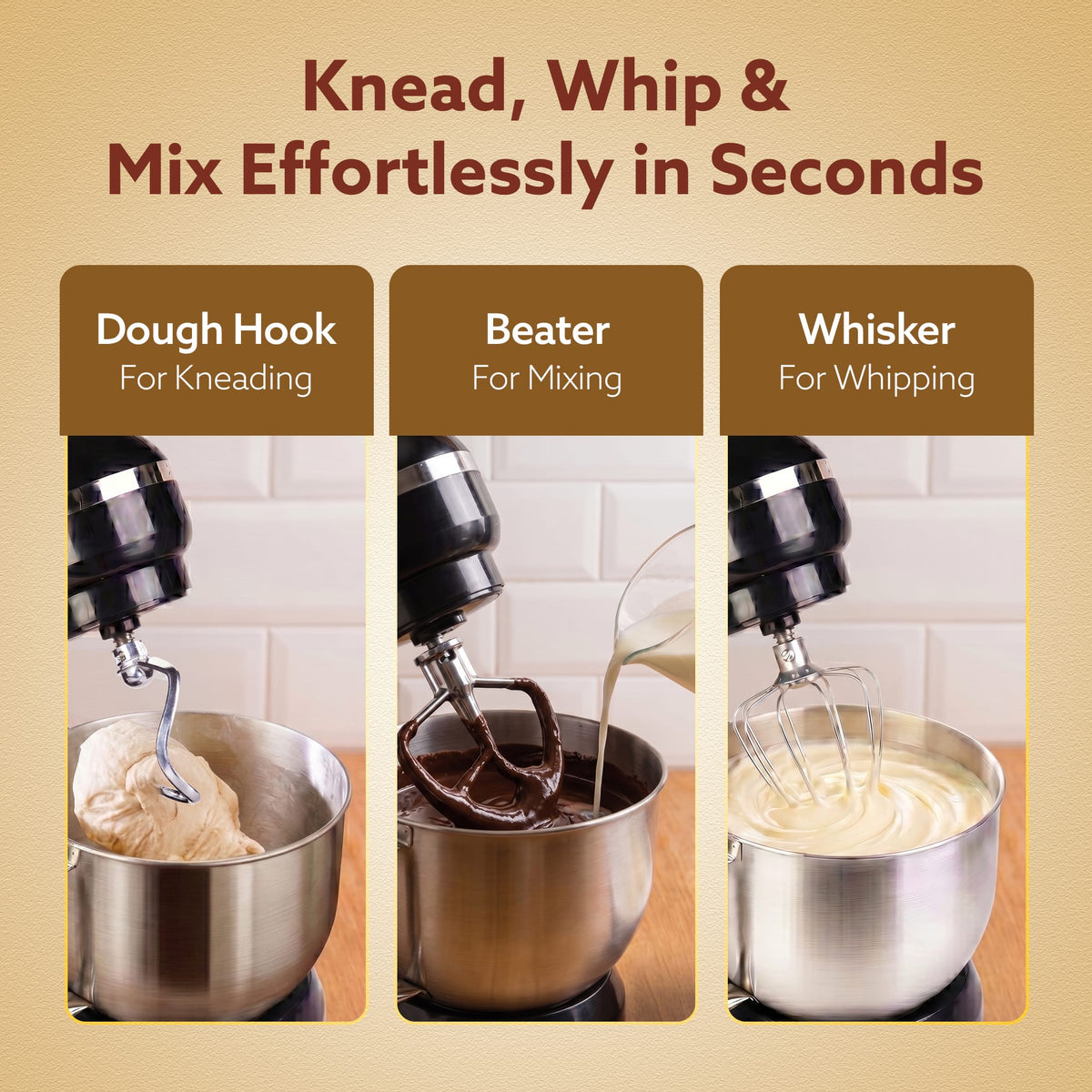Royal Stand Mixer, Dough Maker Machine, 1000W Atta Maker, 100% Copper Motor, 5L SS Bowl, 8 Speed + Pulse Function, Includes Whisker, Beater & Dough Hook & Splash Guard,Black