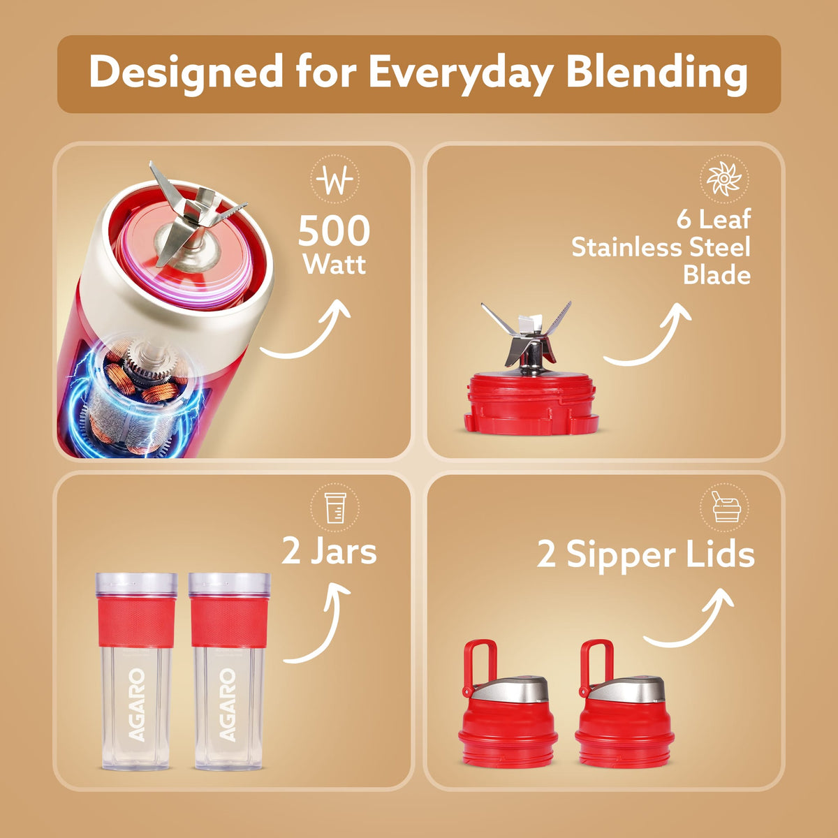 Primo Plus Personal Blender with 2 (500ml) Jars Red