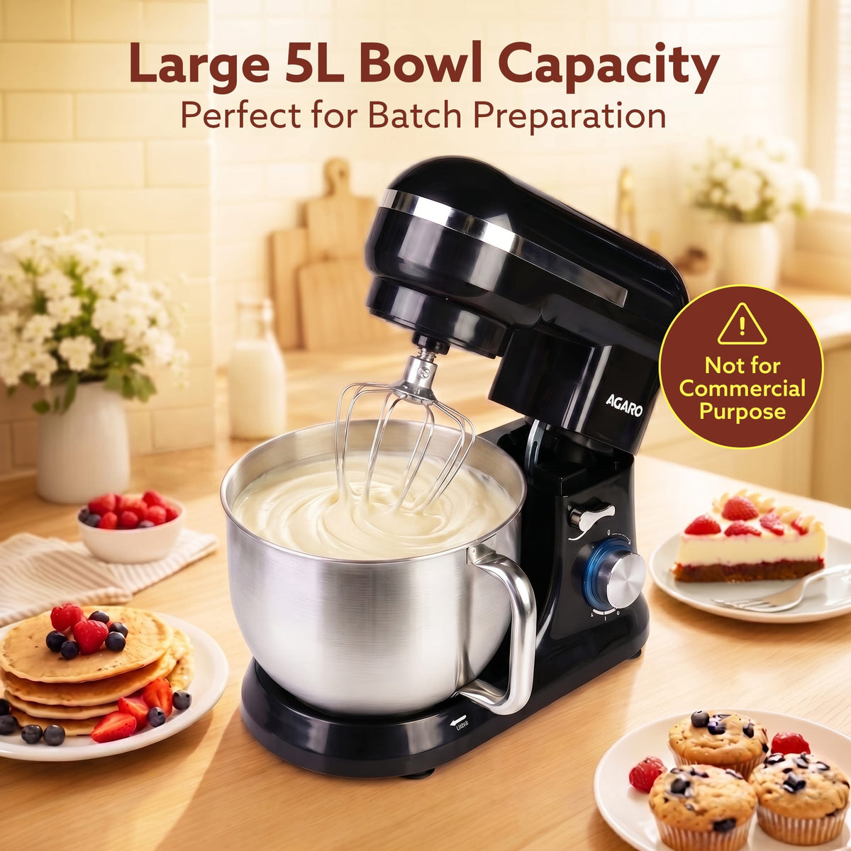 Royal Stand Mixer, Dough Maker Machine, 1000W Atta Maker, 100% Copper Motor, 5L SS Bowl, 8 Speed + Pulse Function, Includes Whisker, Beater & Dough Hook & Splash Guard,Black