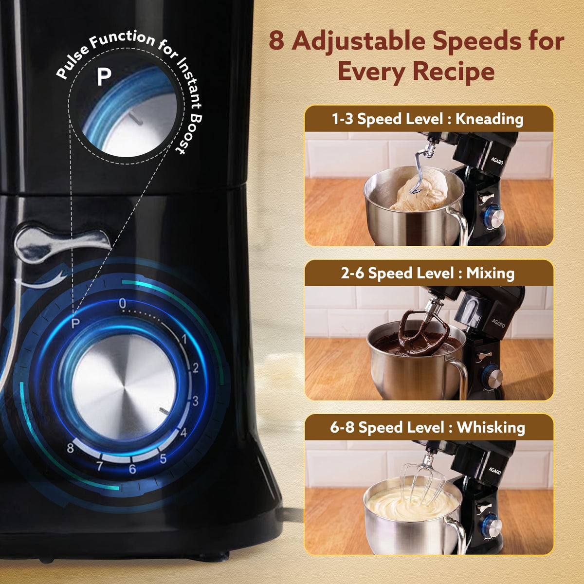 Royal Stand Mixer, Dough Maker Machine, 1000W Atta Maker, 100% Copper Motor, 5L SS Bowl, 8 Speed + Pulse Function, Includes Whisker, Beater & Dough Hook & Splash Guard,Black