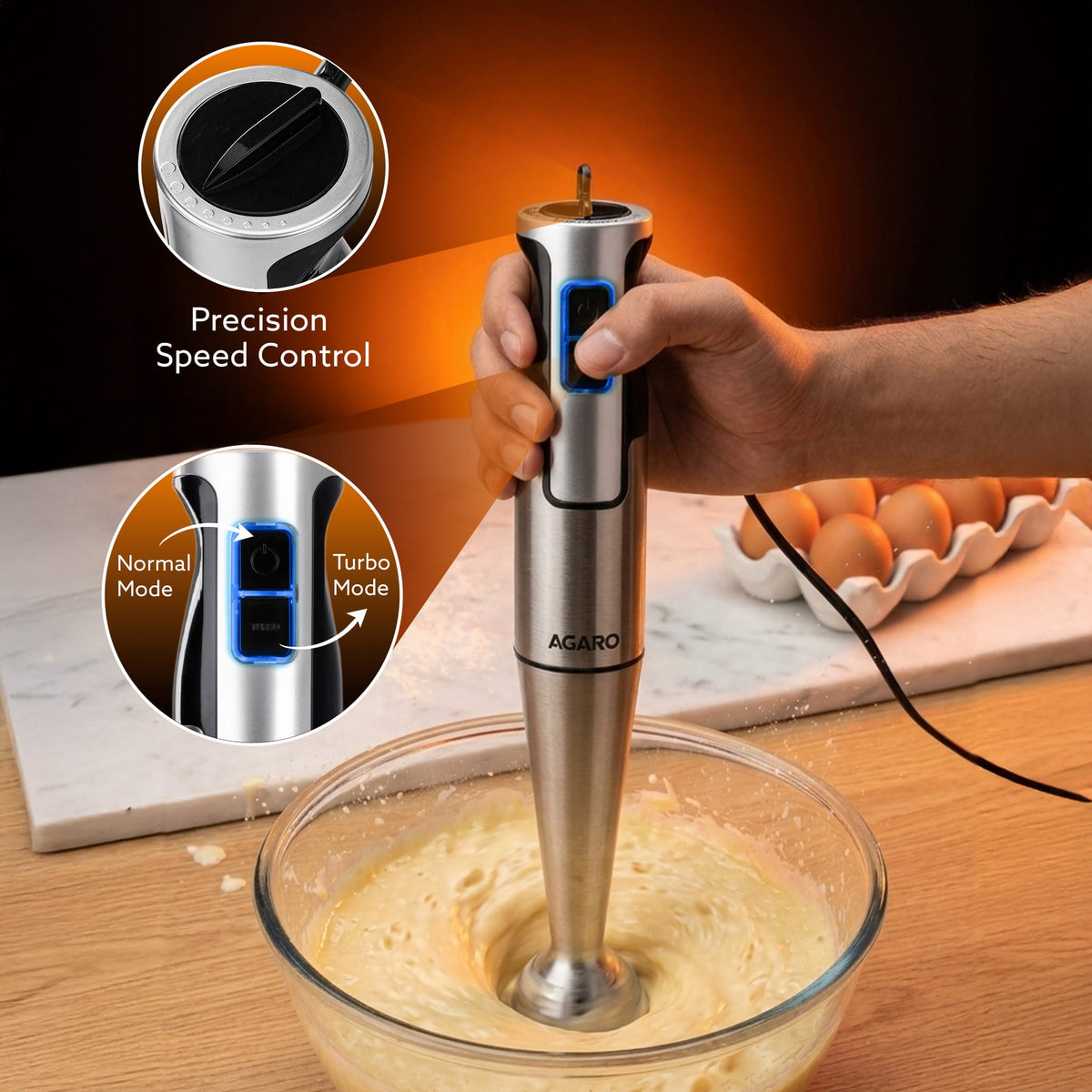 Regency Hand Blender, 600W, Variable Speed Modes & Speed Regulator, Stainless Steel Blades, Mixing, Blending, Whisking, Low Noise