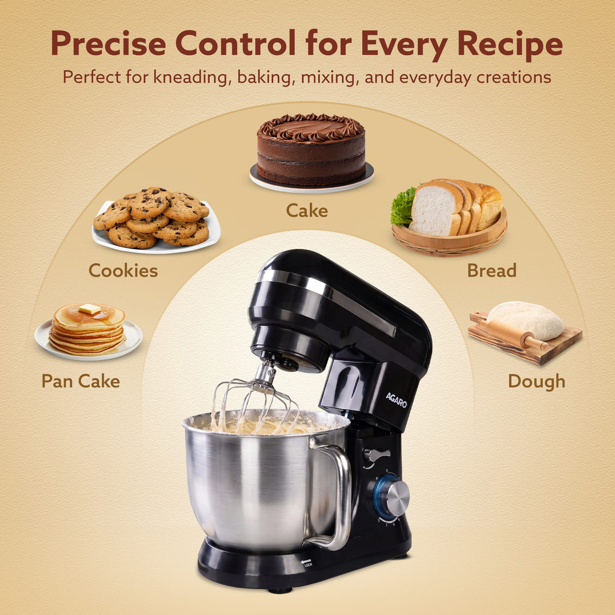 Royal Stand Mixer, Dough Maker Machine, 1000W Atta Maker, 100% Copper Motor, 5L SS Bowl, 8 Speed + Pulse Function, Includes Whisker, Beater & Dough Hook & Splash Guard,Black