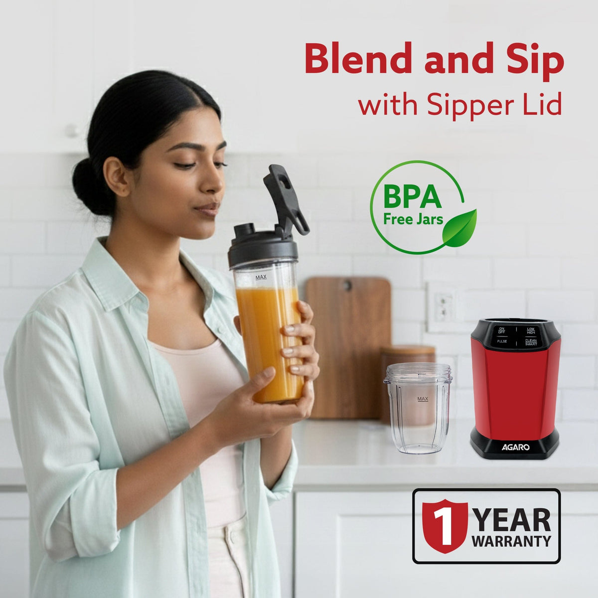 Supreme Personal Blender, Powerful 1000W Copper Motor, Mixer Grinder Blender, 20000 RPM, 2 SS Blade Set, 2 Scratch Resistant Durable Jars, for Smoothies, Dry Spices, Milkshake & Idli/Dosa Batter