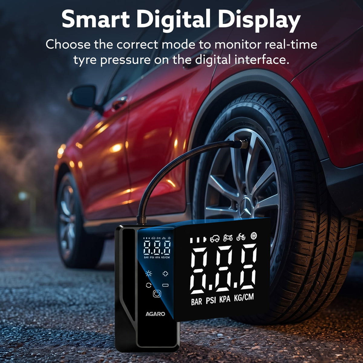 Elite Tyre Inflator & Jump Starter, for Cars, Bikes & Balls, 14.8V, Upto 150 PSI, 10000 mAh Power Bank, LED Light, Digital Display, Multiple Nozzles