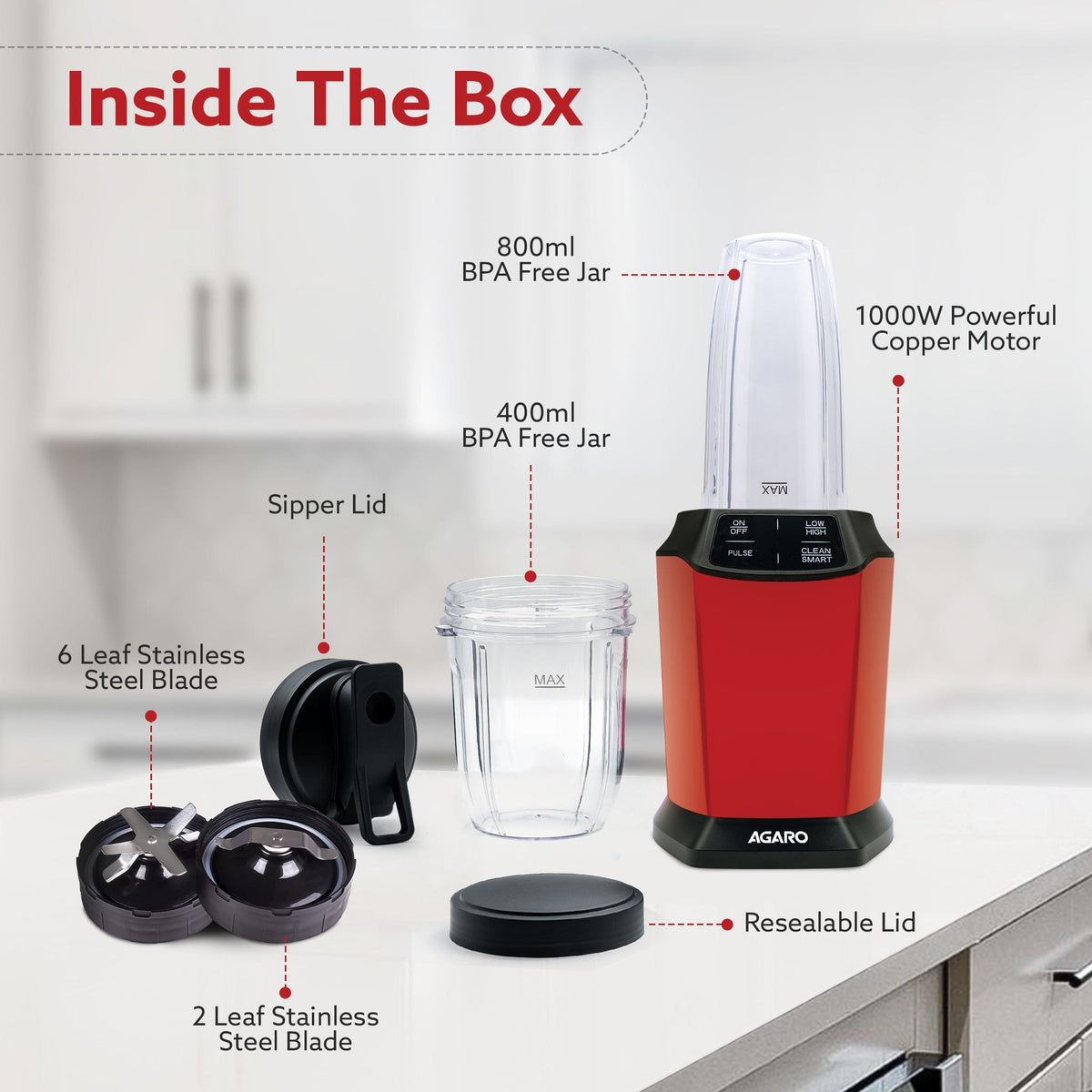 Supreme Personal Blender, Powerful 1000W Copper Motor, Mixer Grinder Blender, 20000 RPM, 2 SS Blade Set, 2 Scratch Resistant Durable Jars, for Smoothies, Dry Spices, Milkshake & Idli/Dosa Batter