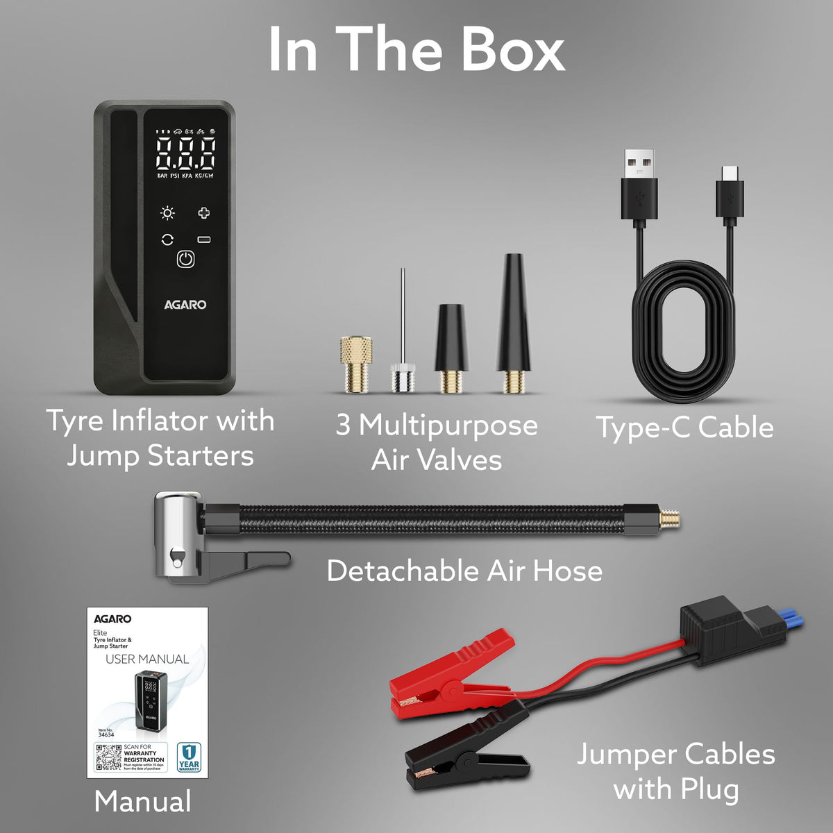 Elite Tyre Inflator & Jump Starter, for Cars, Bikes & Balls, 14.8V, Upto 150 PSI, 10000 mAh Power Bank, LED Light, Digital Display, Multiple Nozzles