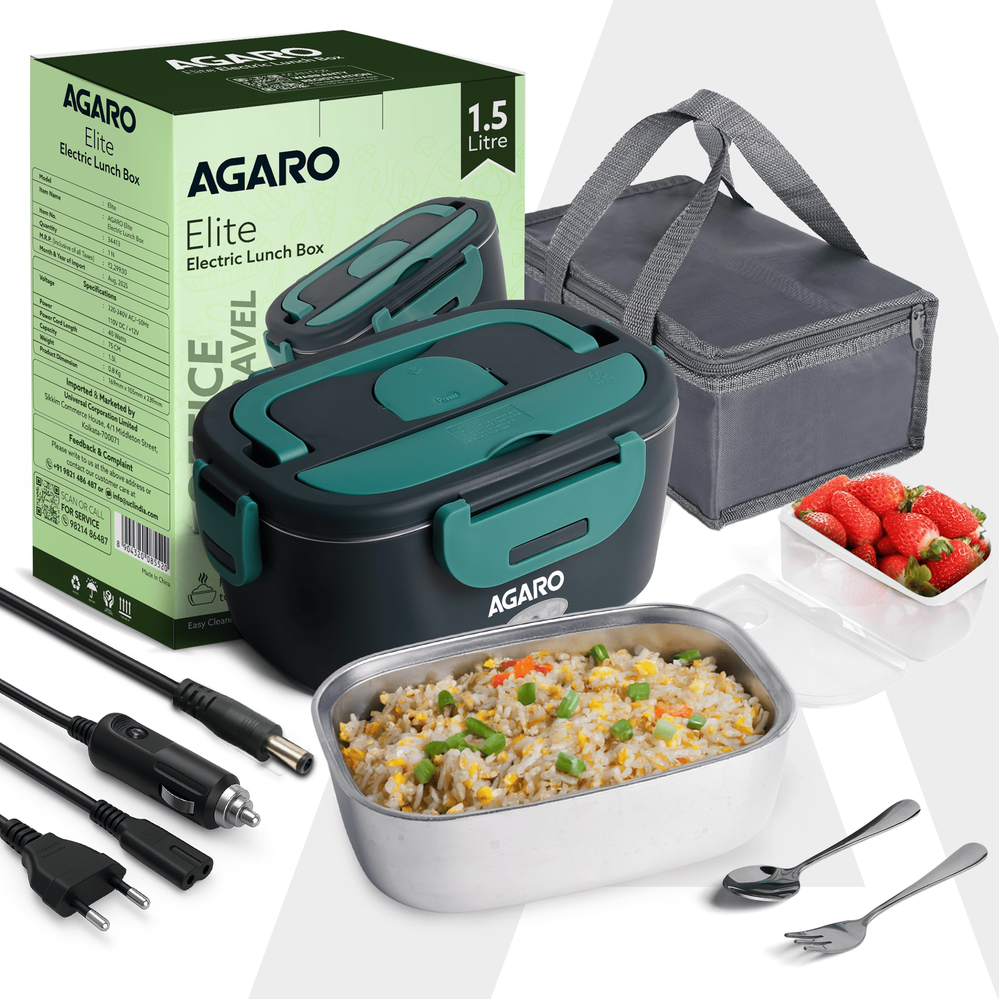 Electric Lunch Box, 1.5L Food Heater for Daily Office Use & Travel, Portable Food Warmer, Stainless Steel Container, Reheat in 30 Min, Leak-Proof, Detachable Cord, 2 Compartment, PTC Heating