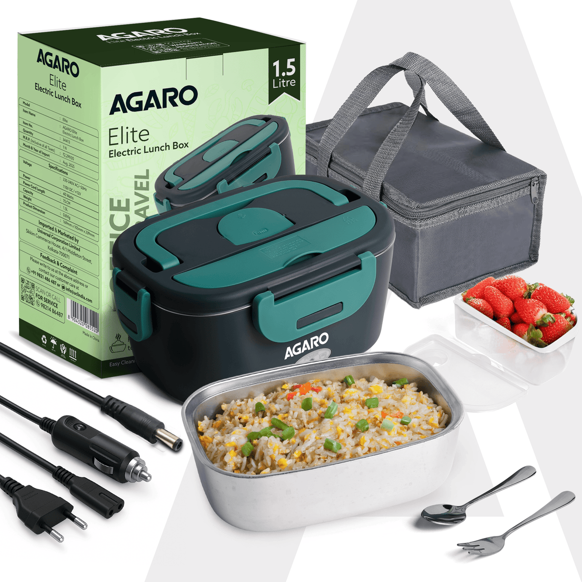 Electric Lunch Box, 1.5L Food Heater for Daily Office Use & Travel, Portable Food Warmer, Stainless Steel Container, Reheat in 30 Min, Leak-Proof, Detachable Cord, 2 Compartment, PTC Heating