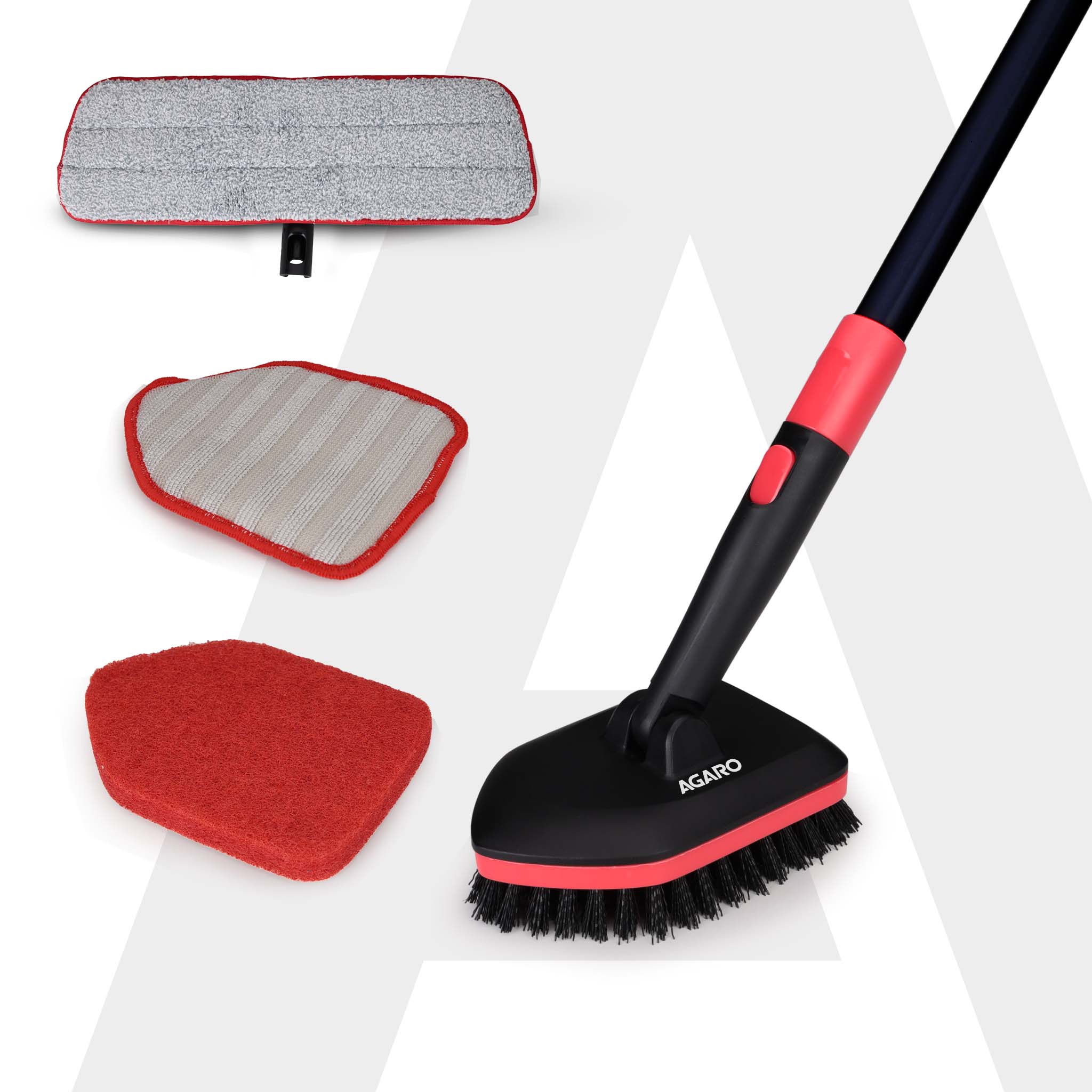 Elite Cleaning Mop & Brush Set,  Bathroom Cleaning Brush with Long Handle, Hard Brush Microfiber Pad & Scrubber Combo For Tiles, Kitchen, Toilet, Window Glass, Extendable Pole, Detachable Head, Black & Red