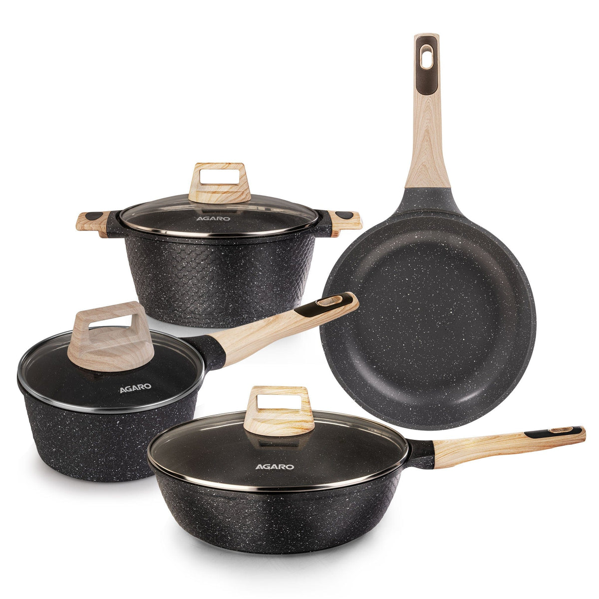 Imperial Granite Non Stick Cookware Set, 4pcs Cookware Set, 24cm &16cm Sauce pan with Lid, 28cm Deep Fry Pan with Lid, Cast Aluminium, Gas & Induction Compatible