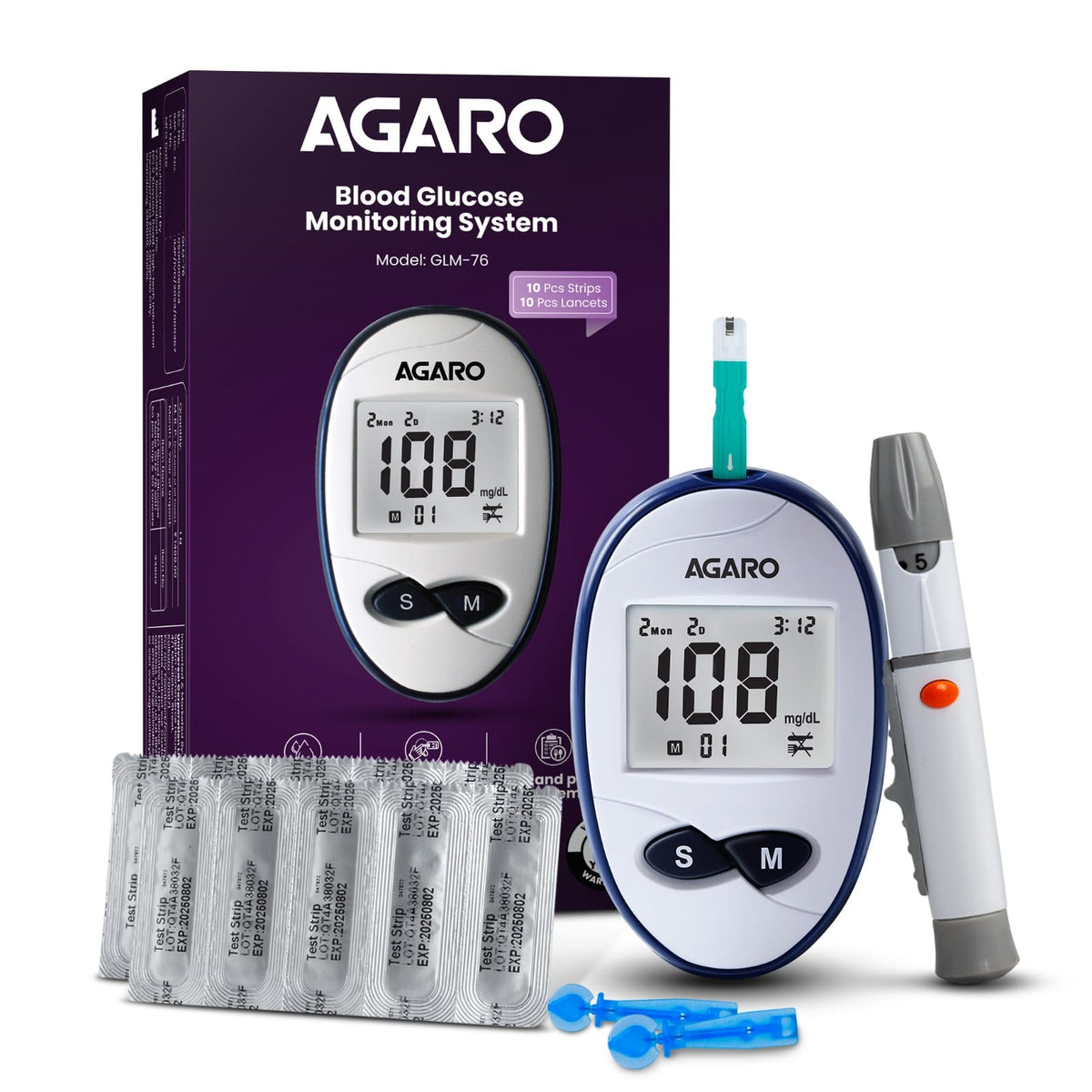AGARO Glucometer, Blood Glucose Monitoring System with 10pcs Strips & Lancets, Glucometer Machine, Instant Blood Sugar Test at Home, Fast Blood Sugar Testing Device, Simple & Accurate, GLM-76