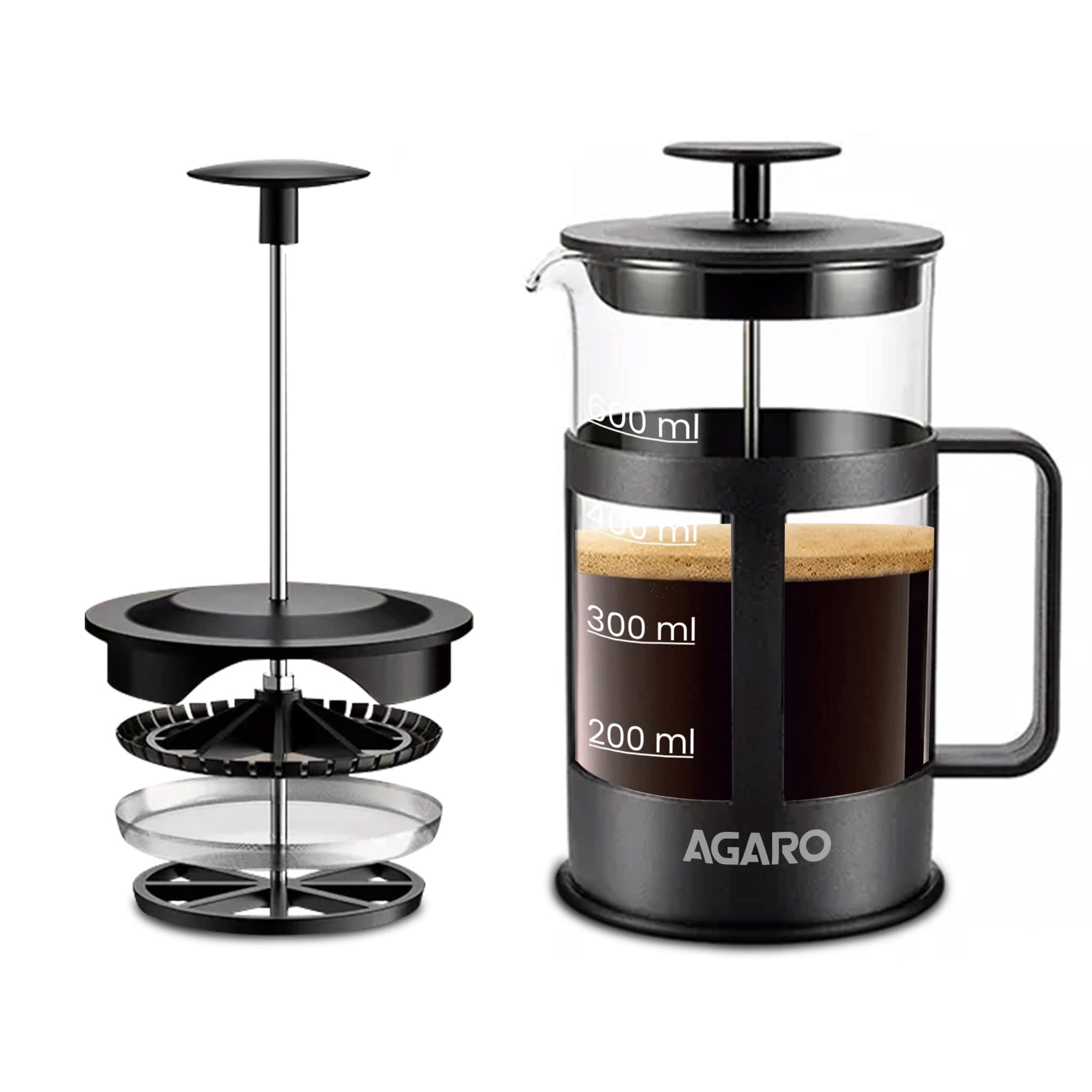 Delite French Press Coffee And Tea Maker, Borosilicate Glass Body With Sleeves, Glass Carafe, BPA Free Plastic Lid Strainer, 600Ml