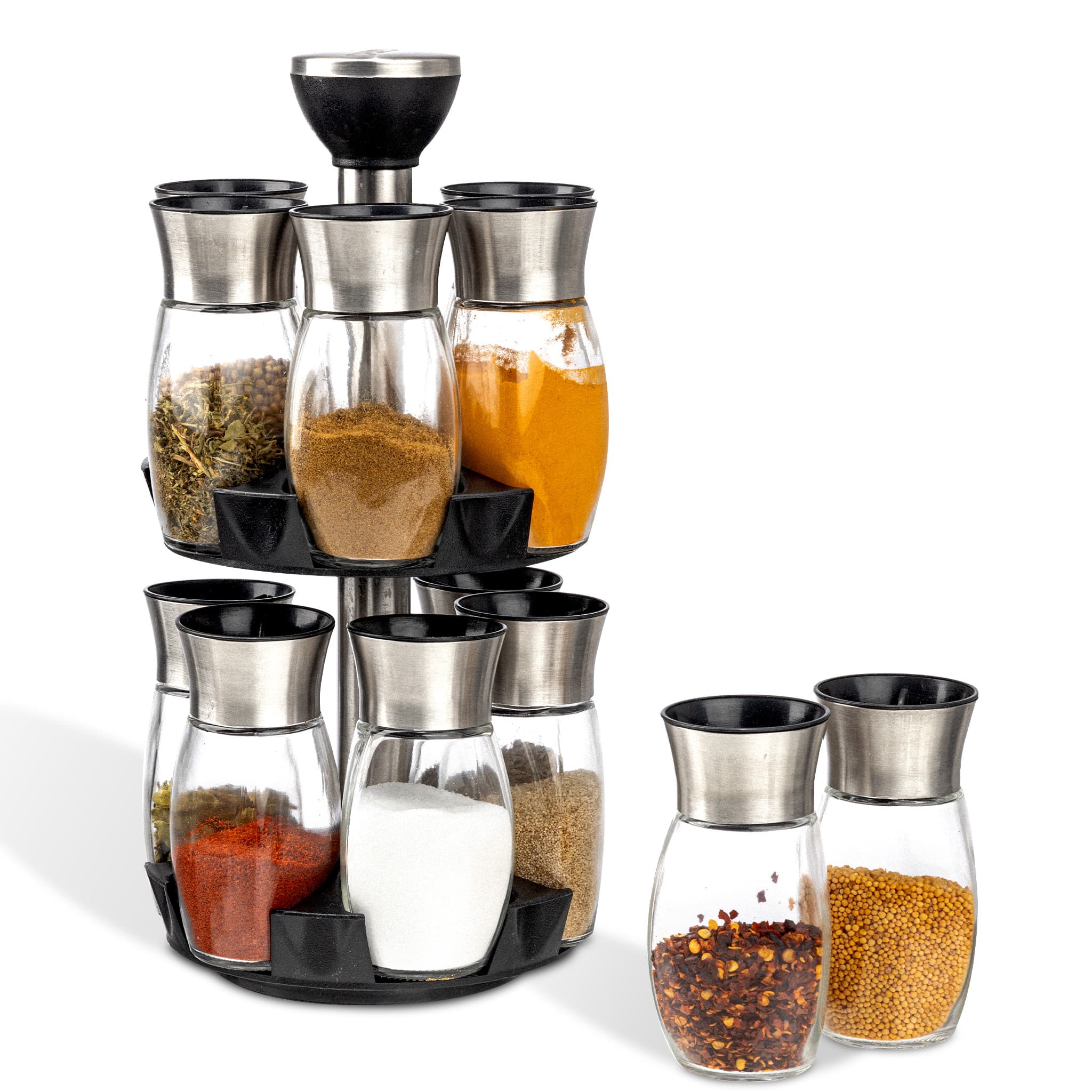 Elegant Glass Spice Jar with Holder, Set of 12, Spinning Spice Storage Rack, Rotating Spice Holder, Spice Containers, Spice Seasoning Organizer, Masala box for Kitchen, Kitchen Storage Rack